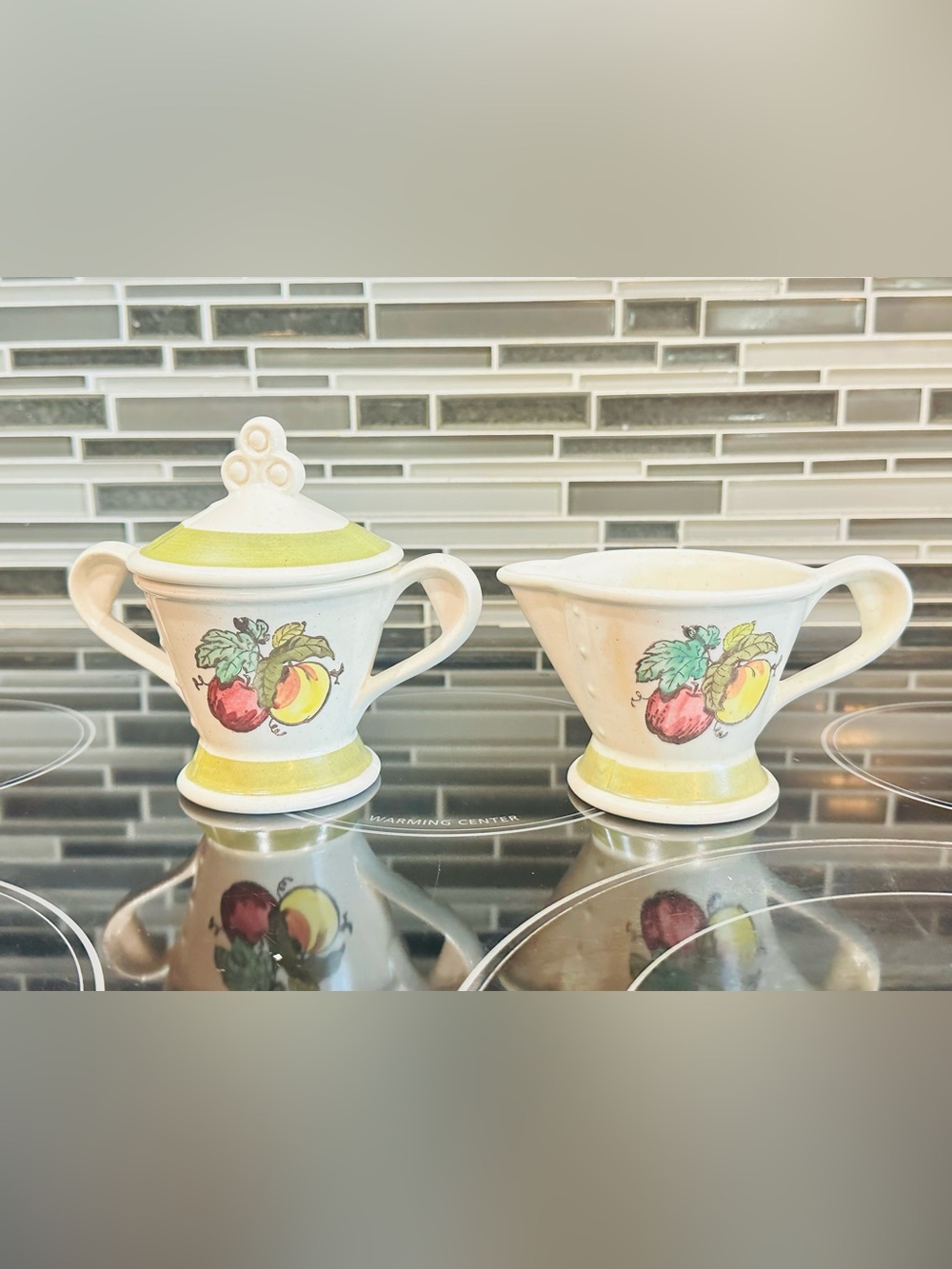 Vtg Metlox Poppytrail Provincial Fruit Green Creamer and Lidded Sugar Bowl